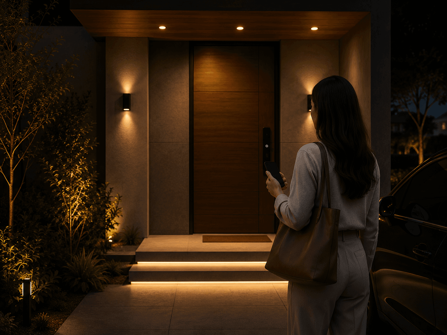 Mulher chegando à entrada de uma casa ao anoitecer, diante da porta de madeira com iluminação acesa nos degraus e nas arandelas.