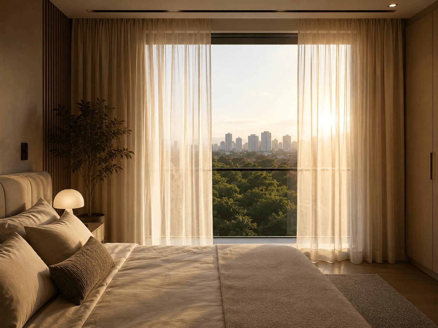 Quarto com cortinas de tecido leve abertas diante de uma janela ampla, com o sol nascendo sobre a cidade ao fundo.
