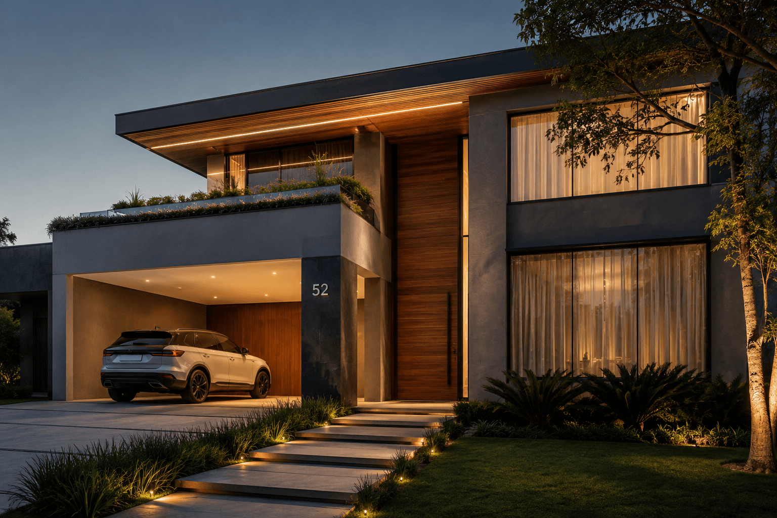 Fachada de residência contemporânea ao anoitecer, com iluminação interna e externa acesa.