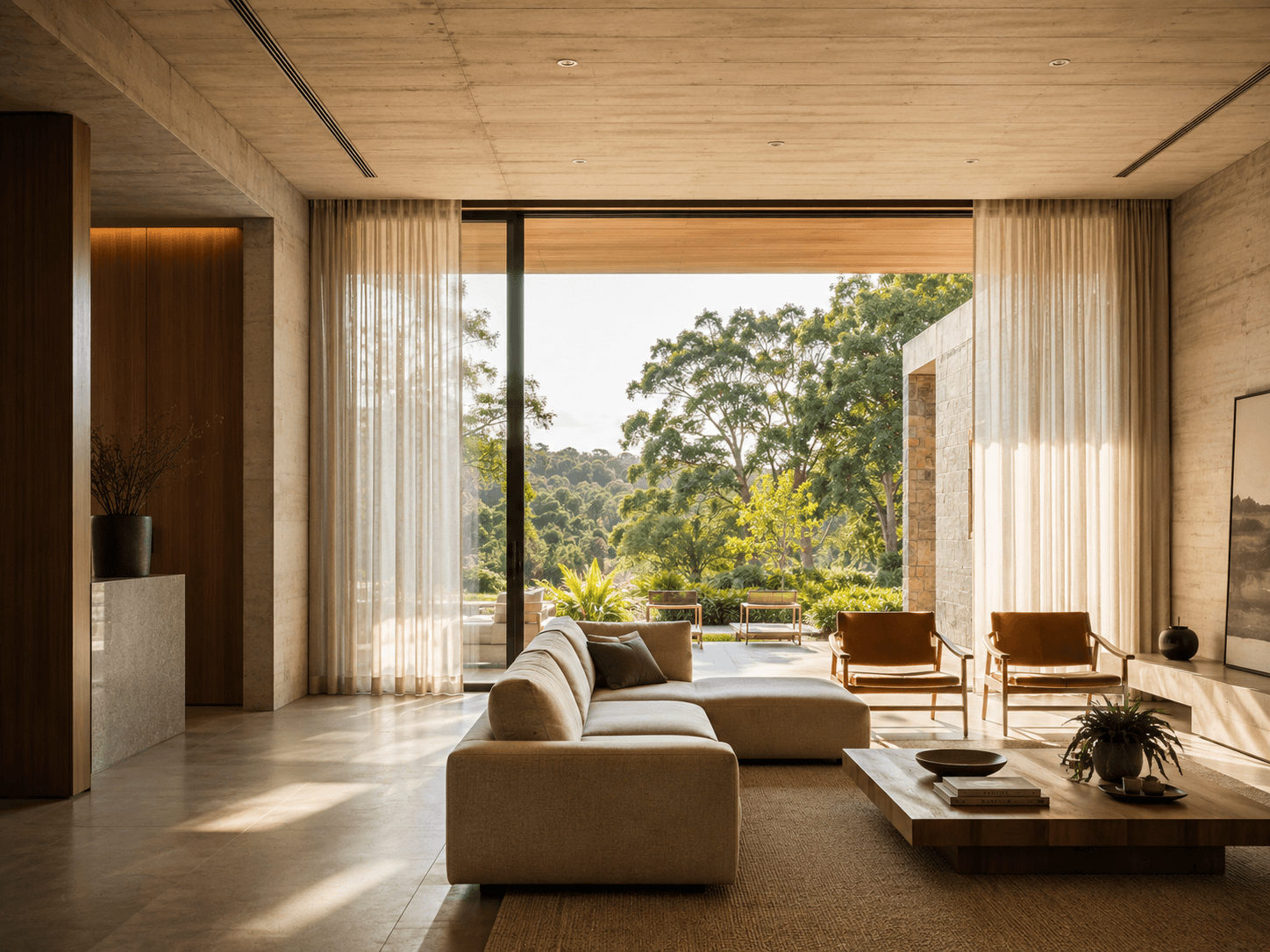 Sala ampla com cortinas de tecido leve abertas diante de portas de vidro, com luz de fim de tarde e jardim ao fundo.